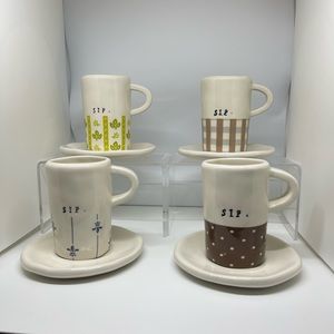 Rare Vintage Rae Dunn Magenta full set,“Sip” 4 espresso/demitasse cups & saucers